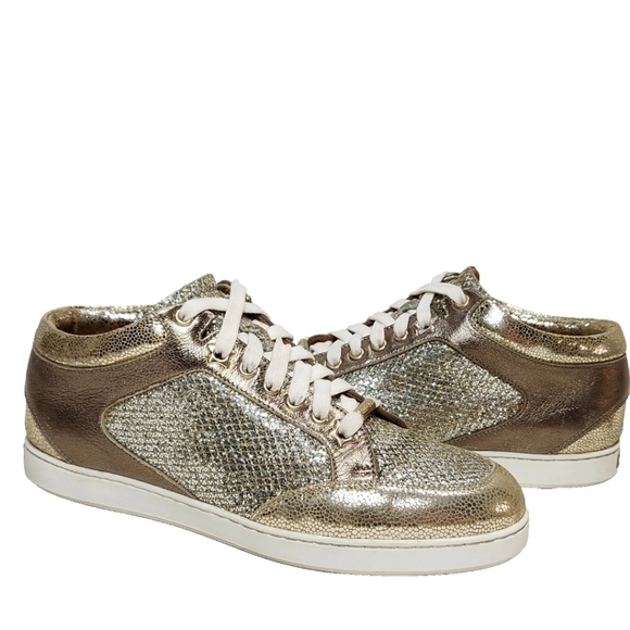 JIMMY CHOO Miami Sparkle Sneakers Sz 38/8 US Metallic Antique Gold - Picture 1 of 16